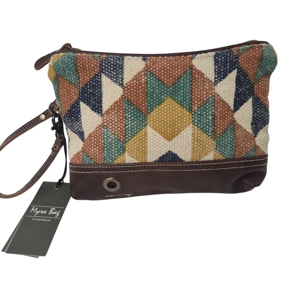 Myra Bag Handbags - Myra Bag S-1912 Aztec Canvas Leather Pouch Clutch Wristlet Traveler New